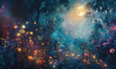 Fototapeta premium A mystical night scene filled with vibrant flowers and a glowing moon.