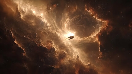 Spaceship navigating a vibrant, golden nebula, cosmic dust and stars visible.