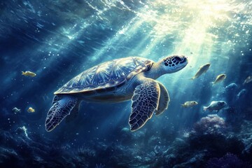 Fototapeta premium A serene underwater scene featuring a turtle swimming among fish.