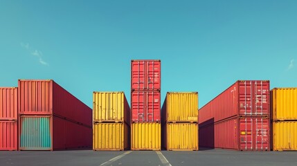 Fototapeta premium A series of stacked containers in a shipyard emphasizing the scalability and adaptability of containerization which has allowed for the growth of international markets and