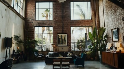 Spacious loft interior with exposed brick walls, large windows, and lush plants.