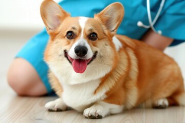 A happy dog with a pink tongue is laying on the floor next to a person in a blue