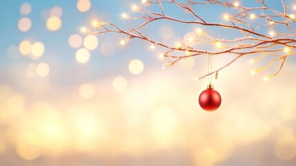 Fototapeta premium Festive Christmas Ornament on Snowy Branch with Sparkling Lights