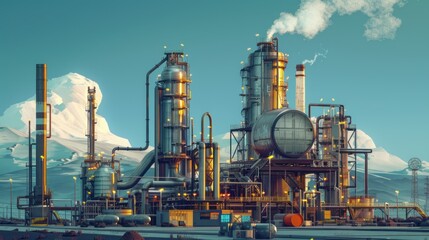 Industrial plant at sunrise, snowy mountains background.