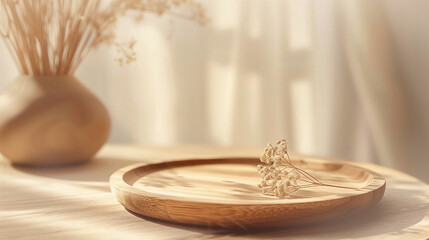Obraz premium Detailed perspective of an empty wooden tray and a dried flower against a warm, natural-toned backdrop. Elegant presentation setup and display platform for cosmetics, skincare, or beauty products.
