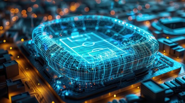Futuristic digital stadium model on a city circuit board.