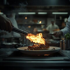 Chef flamb?ing delicious food with a blowtorch in a professional kitchen.