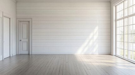 Obraz premium Modern farmhouse interior with shiplap walls and large windows, creating bright and airy atmosphere. muted tones enhance serene environment, perfect for cozy living space