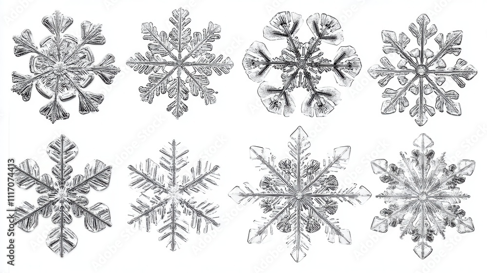 Poster magnificent collection of eight unique snowflakes microscopic photography displaying intricate ice c