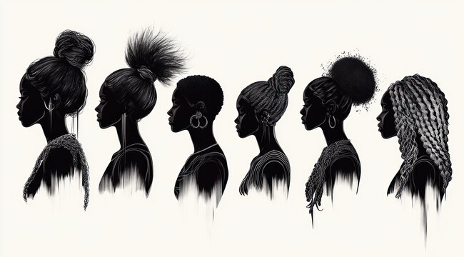Diverse Black Women Silhouettes with Braids and Afros for Hair Logo and Illustration