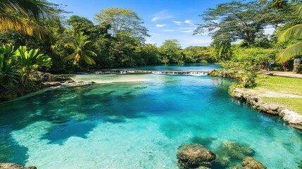 Crystal-clear turquoise river flows through lush green tropical jungle.