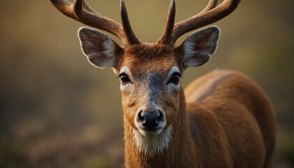 Fototapeta premium Close-up portrait of a majestic stag with antlers in a forest setting during golden hour