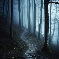 Fototapeta premium Misty Forest Trail Shows a narrow winding trail
