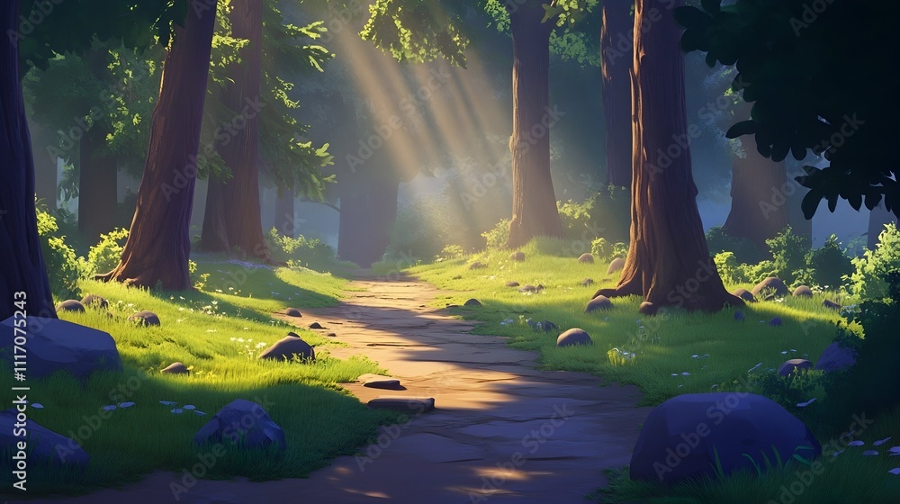 Wall mural Sunbeams illuminate a path winding through a lush, green forest with tall trees and rocks.