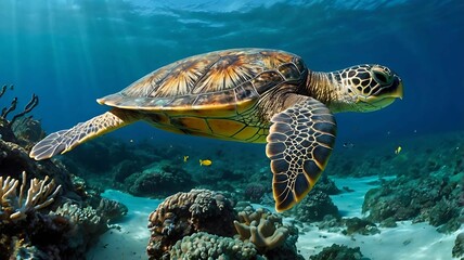 Obraz premium A large sea turtle swims through a vibrant coral reef