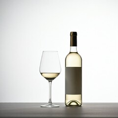 white wine bottle and glass on grey surface against a white background