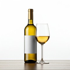 white wine bottle and glass mockup on wooden table with white background