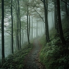 Obraz premium Misty Forest Trail Shows a narrow winding trail