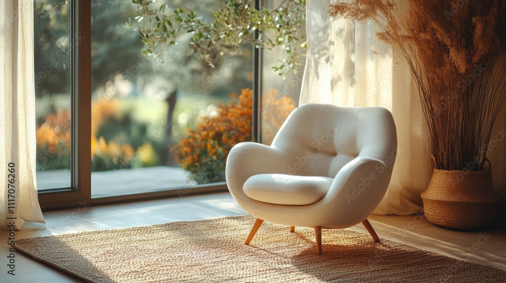 Aufkleber a soft white chair is positioned near a large window, offering a view of a vibrant garden. the sunli