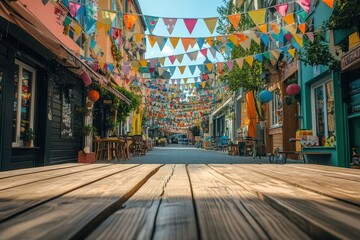 Fototapeta premium A lively and colorful street scene decorated with festive bunting and flags