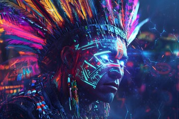Phasing Aztec Warrior with Neon Feathers in Cyber-Temple
