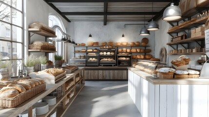 Sunlit bakery interior with various breads and pastries on display.
