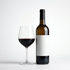 red wine bottle with blank label and glass of wine against a white background