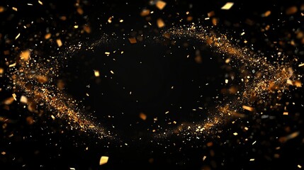 Gold confetti swirls on black background.