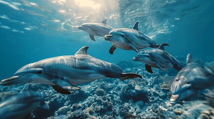 Fototapeta premium Dolphins swimming in vibrant coral reef.