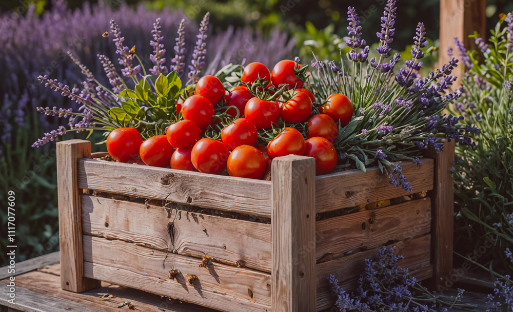 Poster Wooden crate filled with tomatoes and lavender. The crate is on a table. There are many tomatoes in the crate