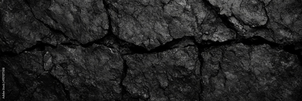 Poster close-up of dark gray rough rock surface with cracks and crevices for background and design