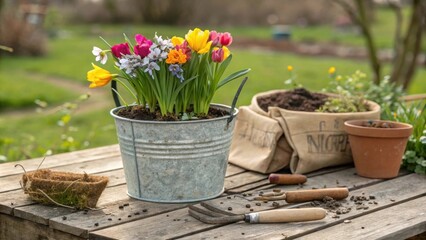 Colorful spring flowers being potted in a metal bucket on a wooden table in a garden setting, with gardening tools and potting soil nearby, creating a vibrant scene of springtime gardening