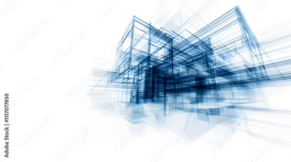 Poster abstract architectural design featuring blue wireframe structures on a white background, conveying a