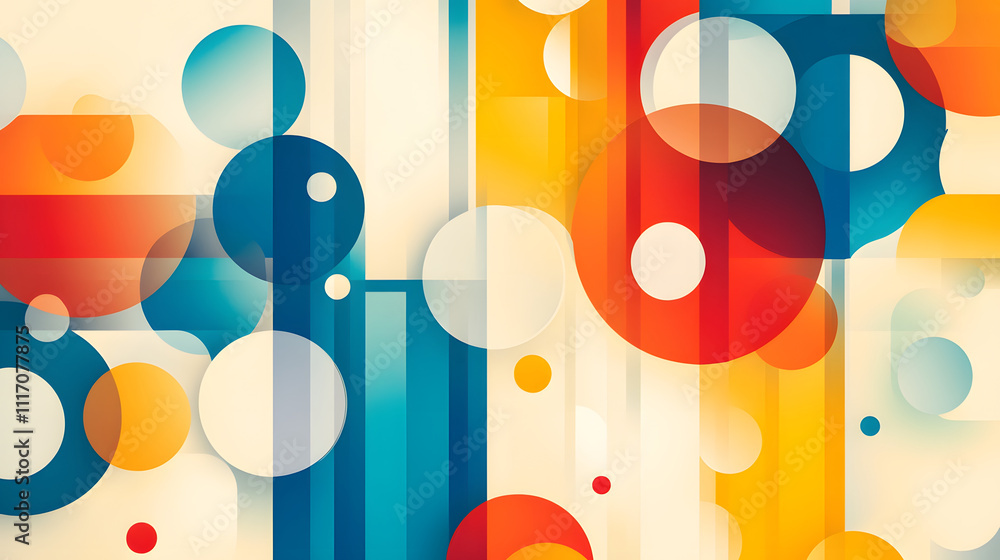 Poster A vibrant abstract pattern featuring geometric shapes in blue, orange, and white, creating a dynamic and colorful composition