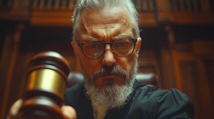 Obraz premium judge in a courtroom, holding a wooden gavel mid-motion, ready to strike, symbolizing justice and authority