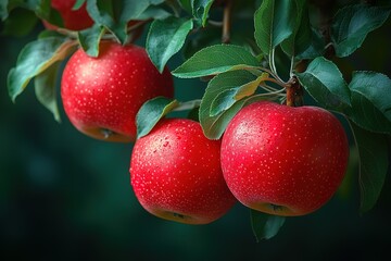 Obraz premium Three ripe red apples with water droplets hanging on a branch with green leaves, fresh fruit harvest