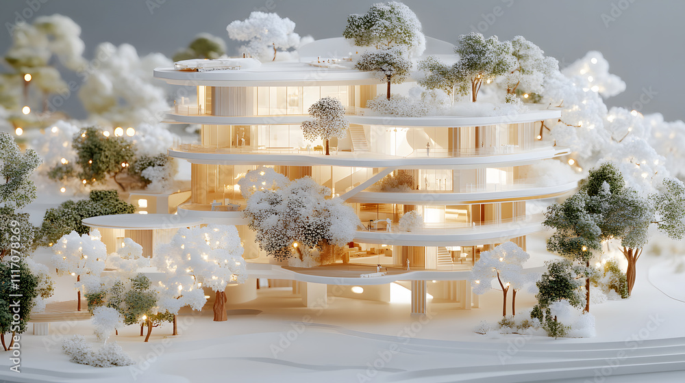 Poster A detailed architectural model of a modern, multi-level building surrounded by miniature trees and snowy terrain, showcasing innovative design elements