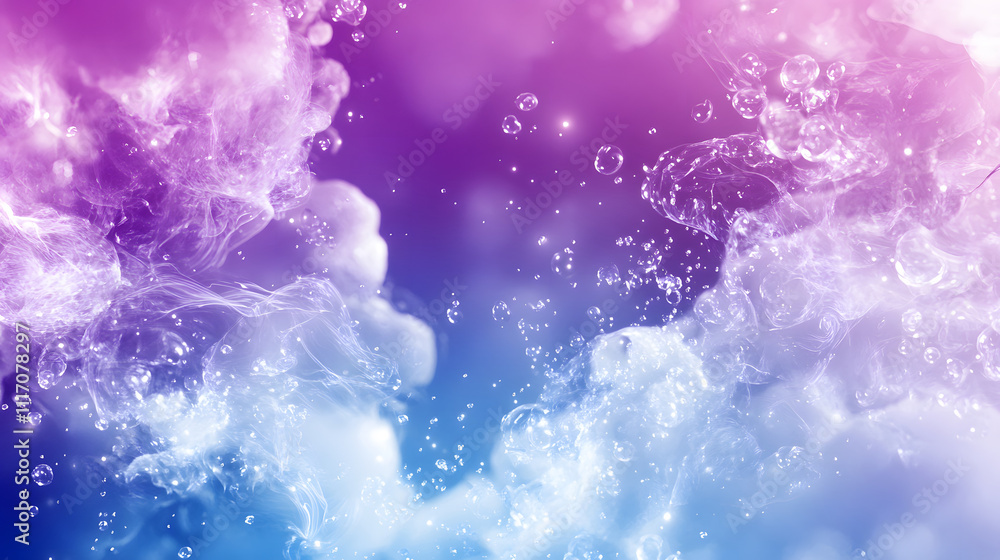 Poster a dreamy blend of purple and blue clouds with shimmering bubbles, creating a serene and whimsical at