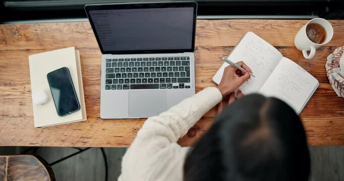 Above, woman and laptop with journal for remote work, planning and schedule agenda in cafe. Girl, tech screen and notebook in coffee shop for research project, business ideas and calendar reminder