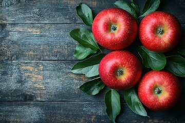 Four red apples with green leaves on a dark wooden background.