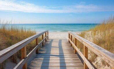 Wooden Boardwalk Leading to Serene Beach with Turquoise Waters and Golden Grasses