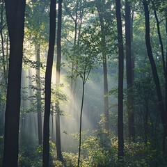 Fototapeta premium The morning sunlight penetrates and illuminates the misty forest, visible from between the trees and branches.