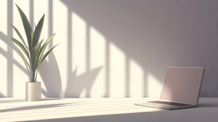 Fototapeta premium Sunlit minimalist workspace with laptop and plant.