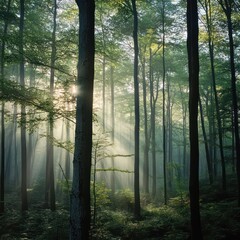 Obraz premium The morning sunlight penetrates and illuminates the misty forest, visible from between the trees and branches.