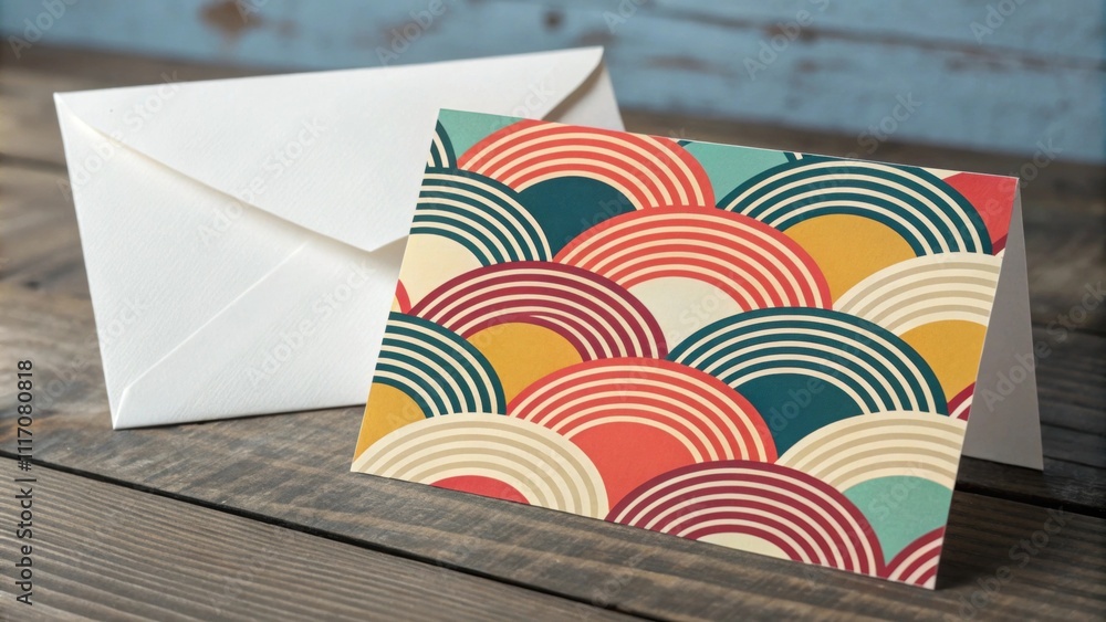 Aufkleber colorful greeting card showing overlapping circles pattern leaning on white envelope placed on woode