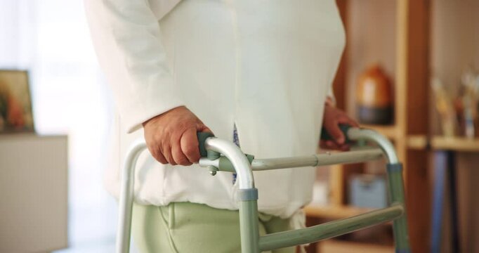 Senior woman, hands and walking with walker for support, mobility aid or assistance at home. Closeup, elderly or person with a disability for movement steps, balance or physical activity in progress