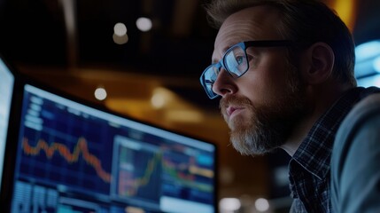 Trader showing data trends on a large screen, explaining market insights to colleagues in a professional office setting