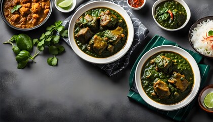 Hyderabadi Green Chicken or palak paneer, saag and palk gosht served in a dish isolated on grey background top view of bangladesh food
