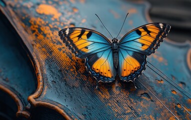 vibrant tropical swallowtail butterfly on vintage violin high contrast close-up isolated on black background