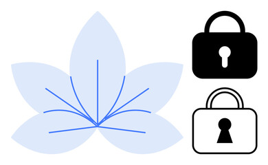 Flower with abstract detailing in center positioned next to two lock icons in black and white. Ideal for security, privacy, floral themes, digital safety, contrasting elements, graphic design